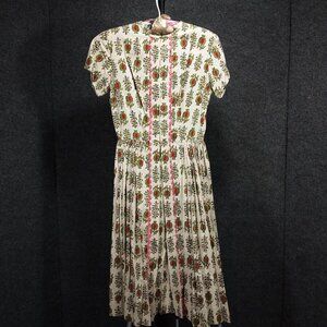 1950's Ecru Red Green Floral Print Cotton Circle Dress with Ric Rac Trim